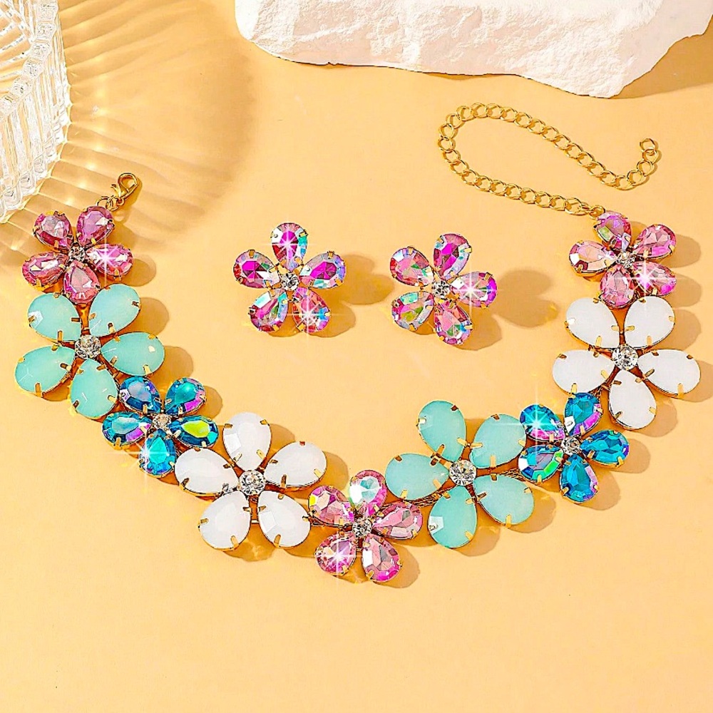 Elegant Austrian Crystal Flower Necklace Earrings Set Multi Color Gold State… - Picture 4 of 8
